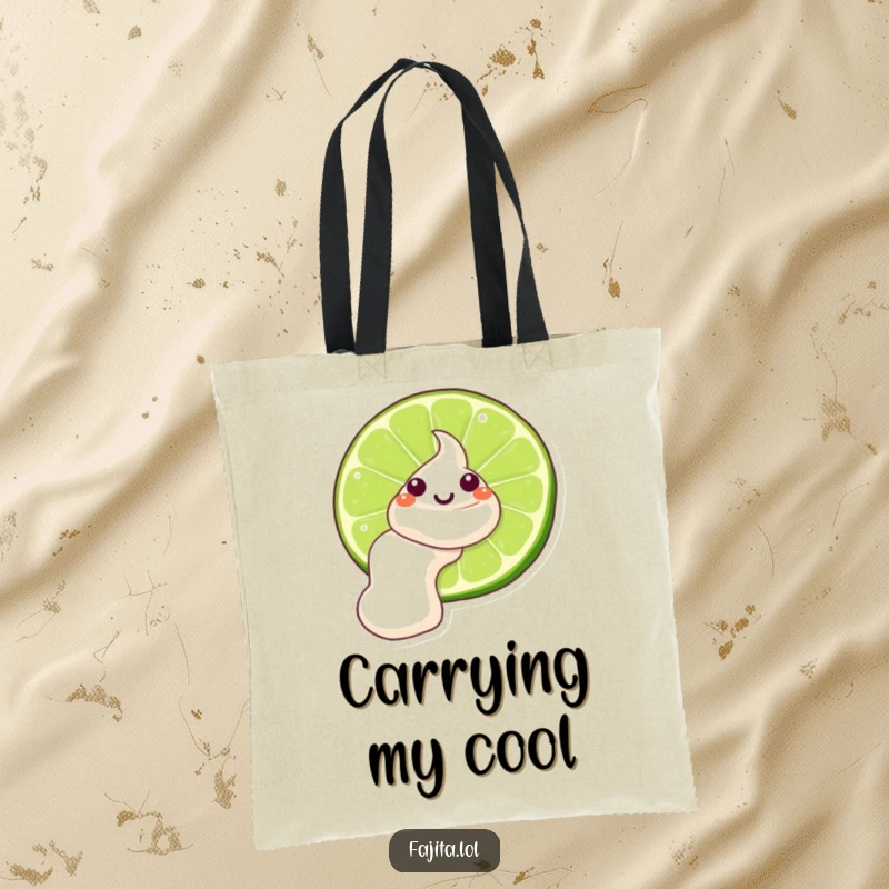 Funny Sour Cream Lime Tote Bag, a winking sour cream dollop sliding down a lime, ideal for carrying items with humor.
