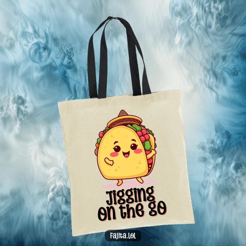 Funny taco tote bag depicting a smiling taco shell in a sombrero doing a jig, perfect for carrying groceries with infectious humor.