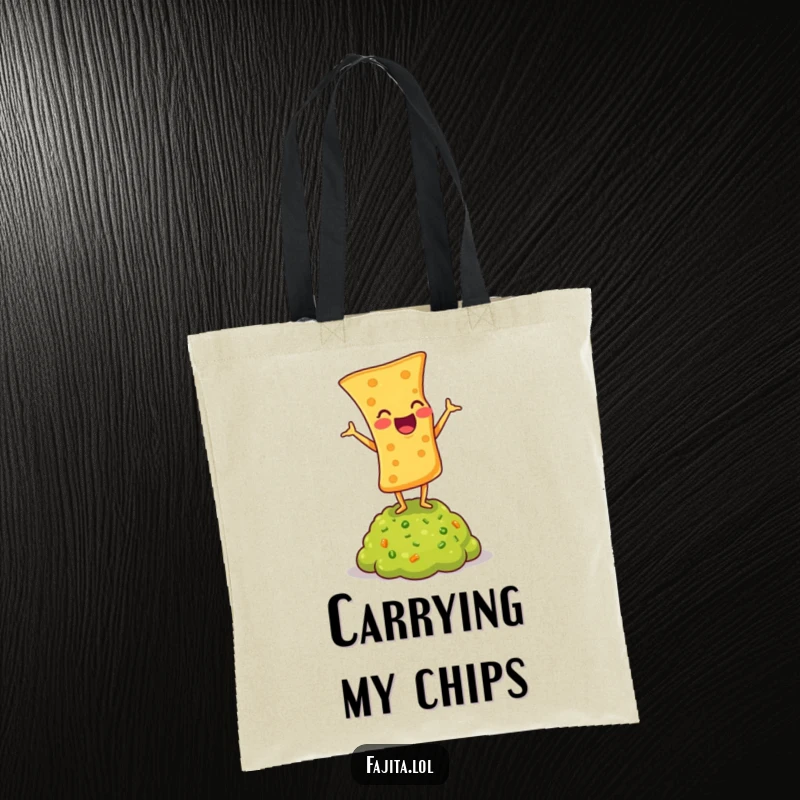 Funny tote bag with a laughing tortilla chip doing a headstand on guacamole, ideal for carrying snacks and smiles.