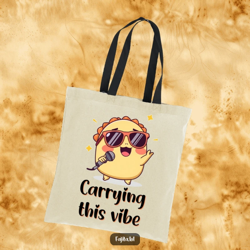 Funny tote bag showcasing a winking taco in sunglasses doing a mic drop, ideal for carrying essentials with a bold and cool statement.