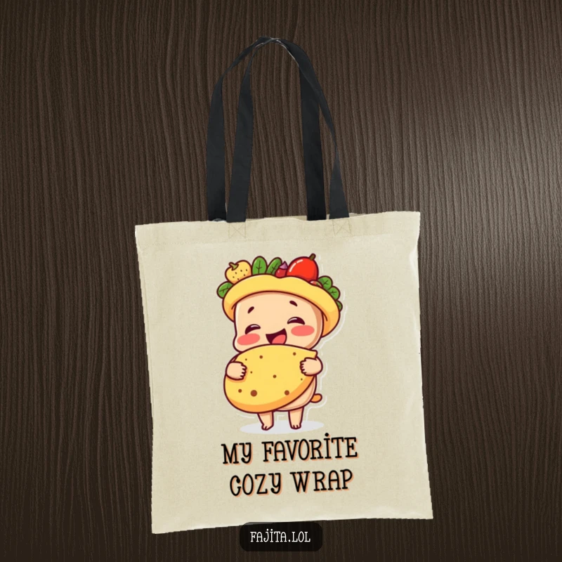 Funny tote bag showing a smiling fajita character giving a friendly hug to a tortilla, perfect for carrying items with a humorous touch.